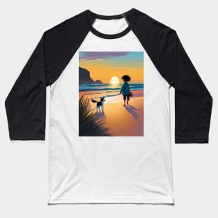 child playing with a dog on the beach. Baseball T-Shirt